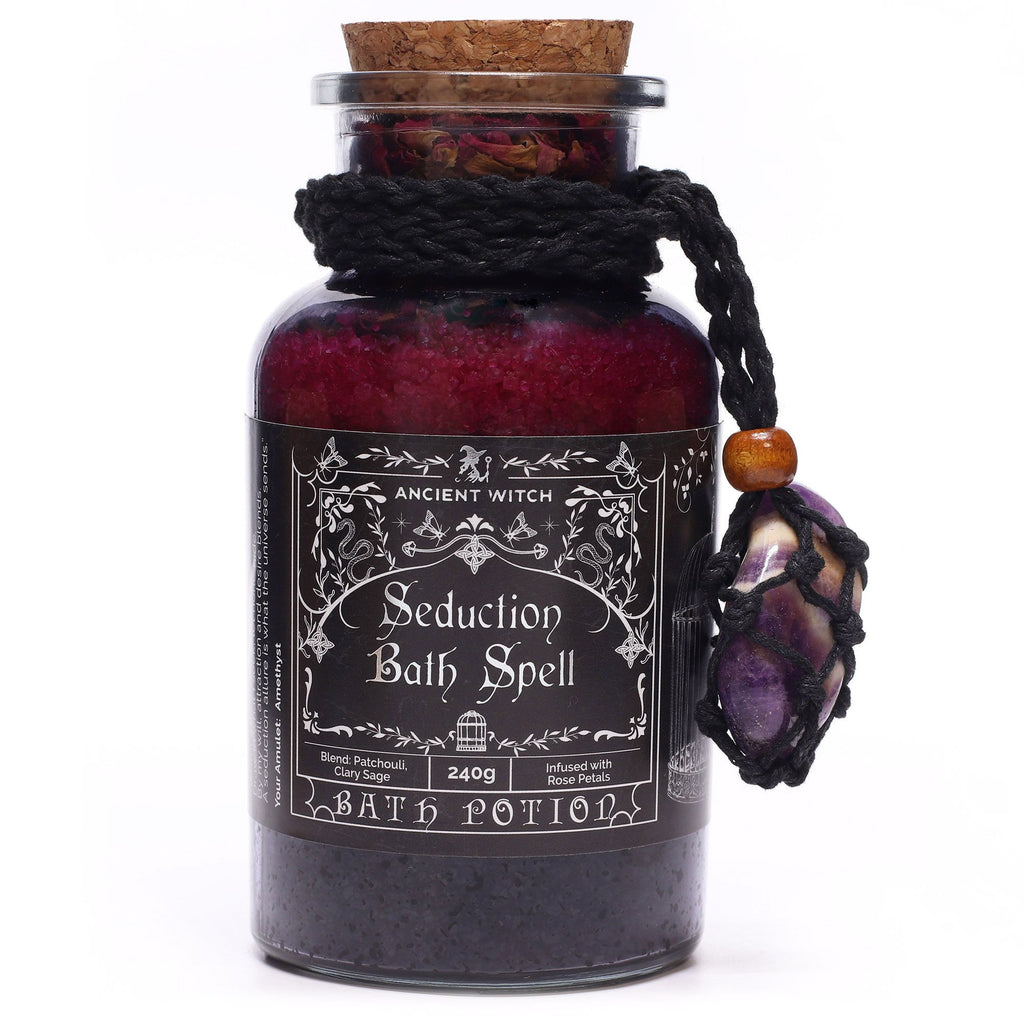 Poción de hechizo para baño de bruja antigua y amuleto de cristal de amatista - Seducción