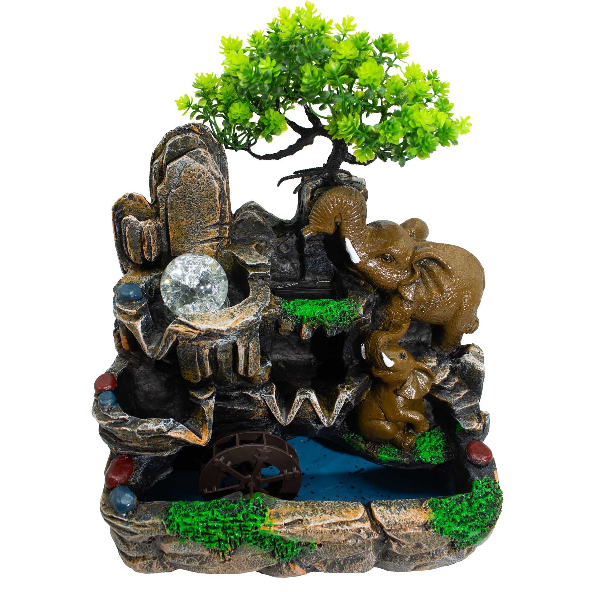 Fuente decorativa de mesa con elefantes enamorados, bola de cristal, luz y molino de agua (30x20x35cm)