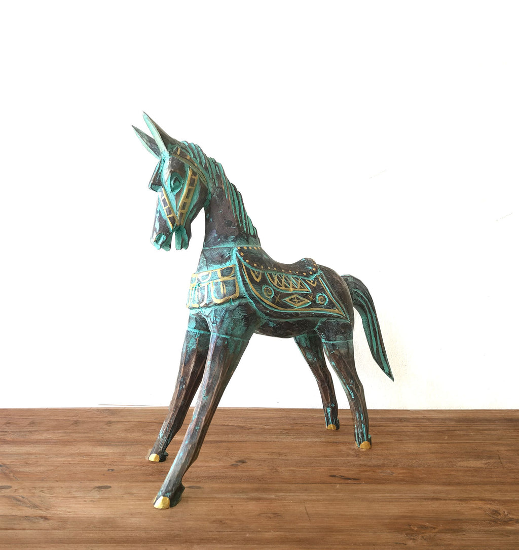 Caballo grande dorado y turquesa 32 cm
