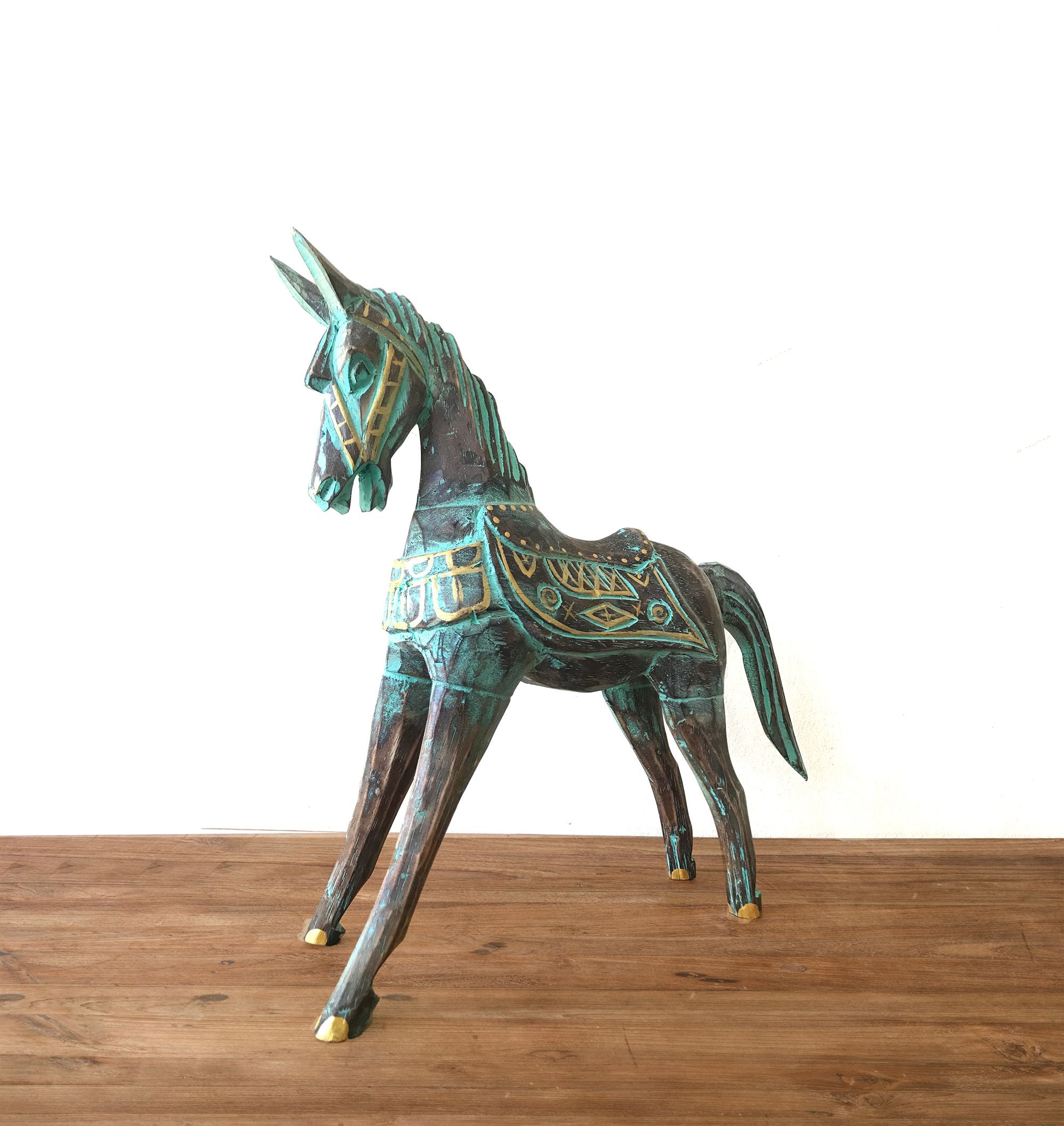 Caballo grande dorado y turquesa 32 cm