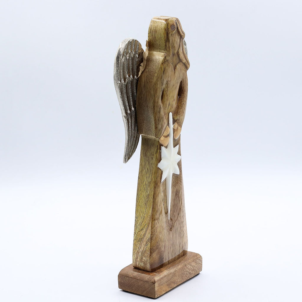 Gran Ángel de la Paz de Madera de Mango, Alas de Metal y Detalle de Esmalte