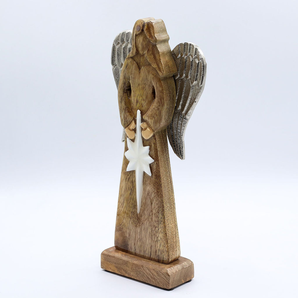 Gran Ángel de la Paz de Madera de Mango, Alas de Metal y Detalle de Esmalte
