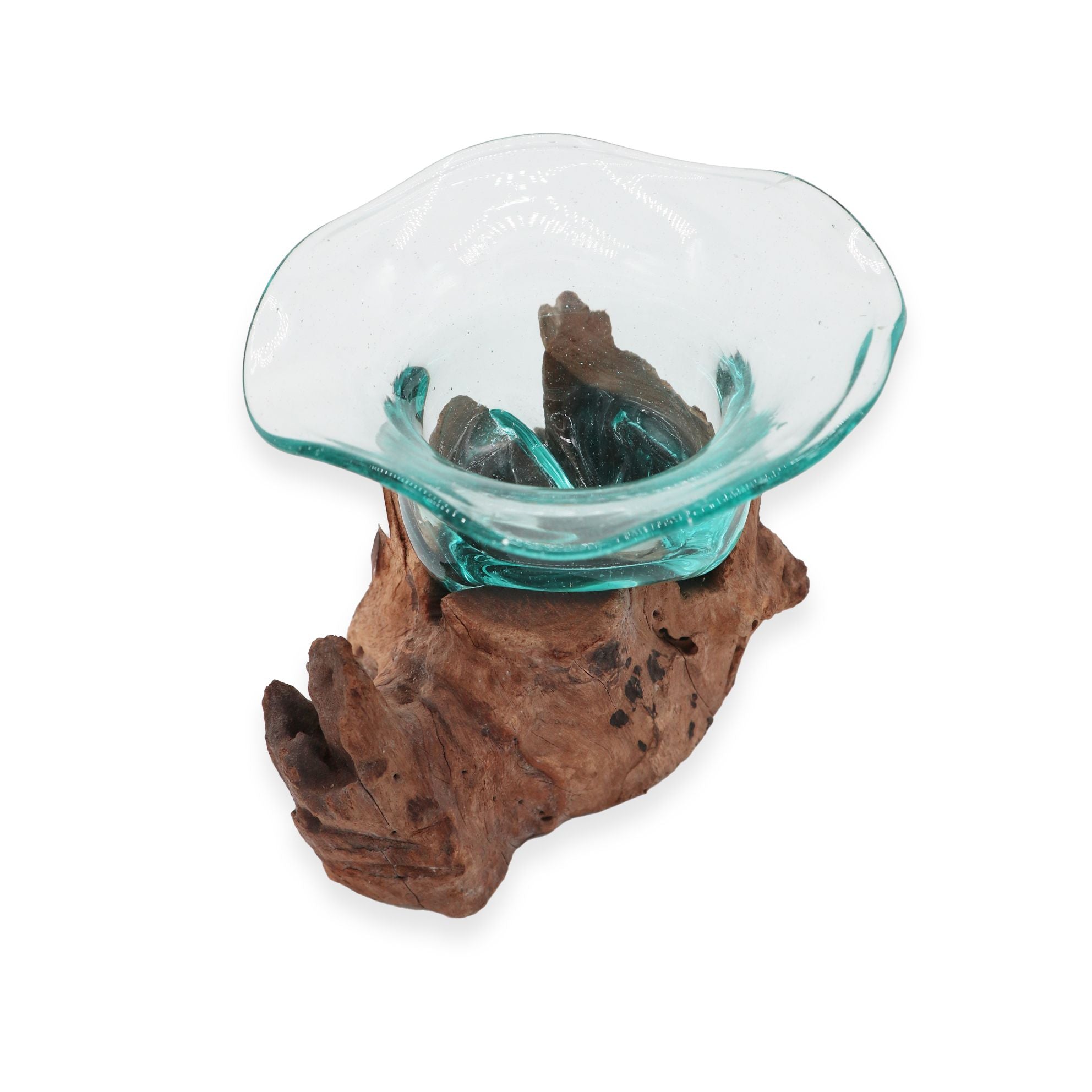 Cuenco de cristal fundido para dulces en madera