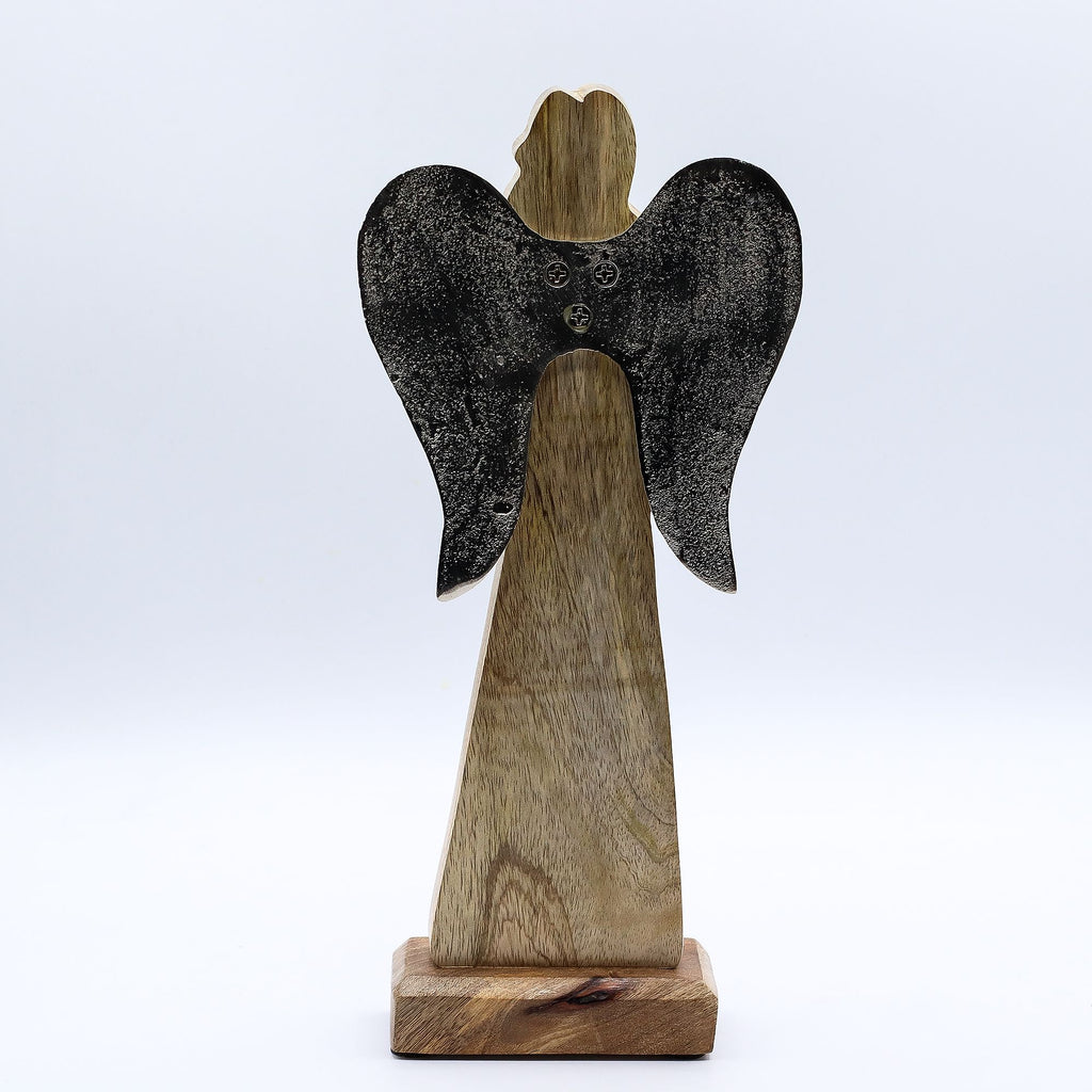 Gran Ángel de la Paz de Madera de Mango, Alas de Metal y Detalle de Esmalte