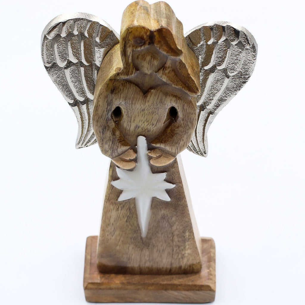 Gran Ángel de la Paz de Madera de Mango, Alas de Metal y Detalle de Esmalte