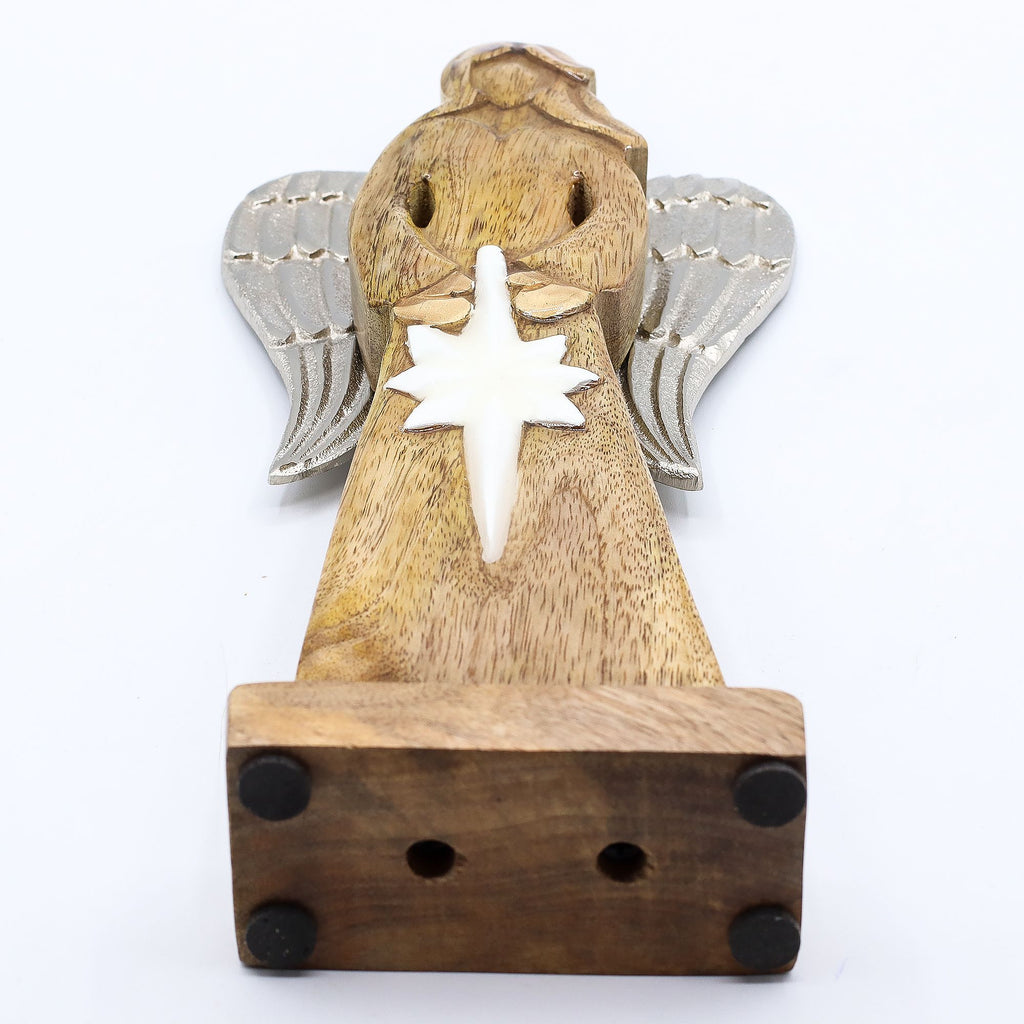 Gran Ángel de la Paz de Madera de Mango, Alas de Metal y Detalle de Esmalte