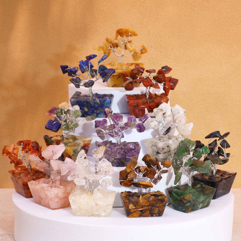Mini árboles de piedras preciosas sobre base de orgonita - Mezcla Surtida (15 piedras)