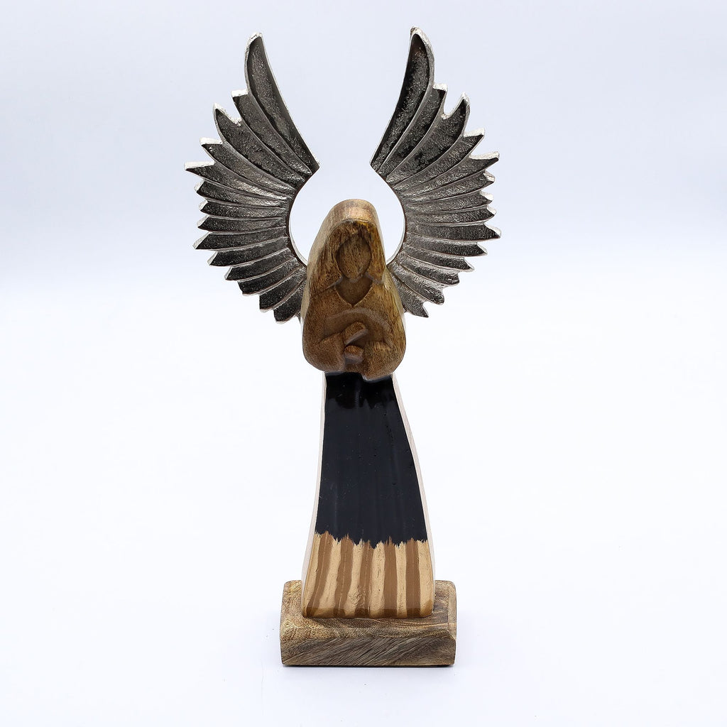 Ángel guardián de madera de mango grande, alas de metal y detalle esmaltado
