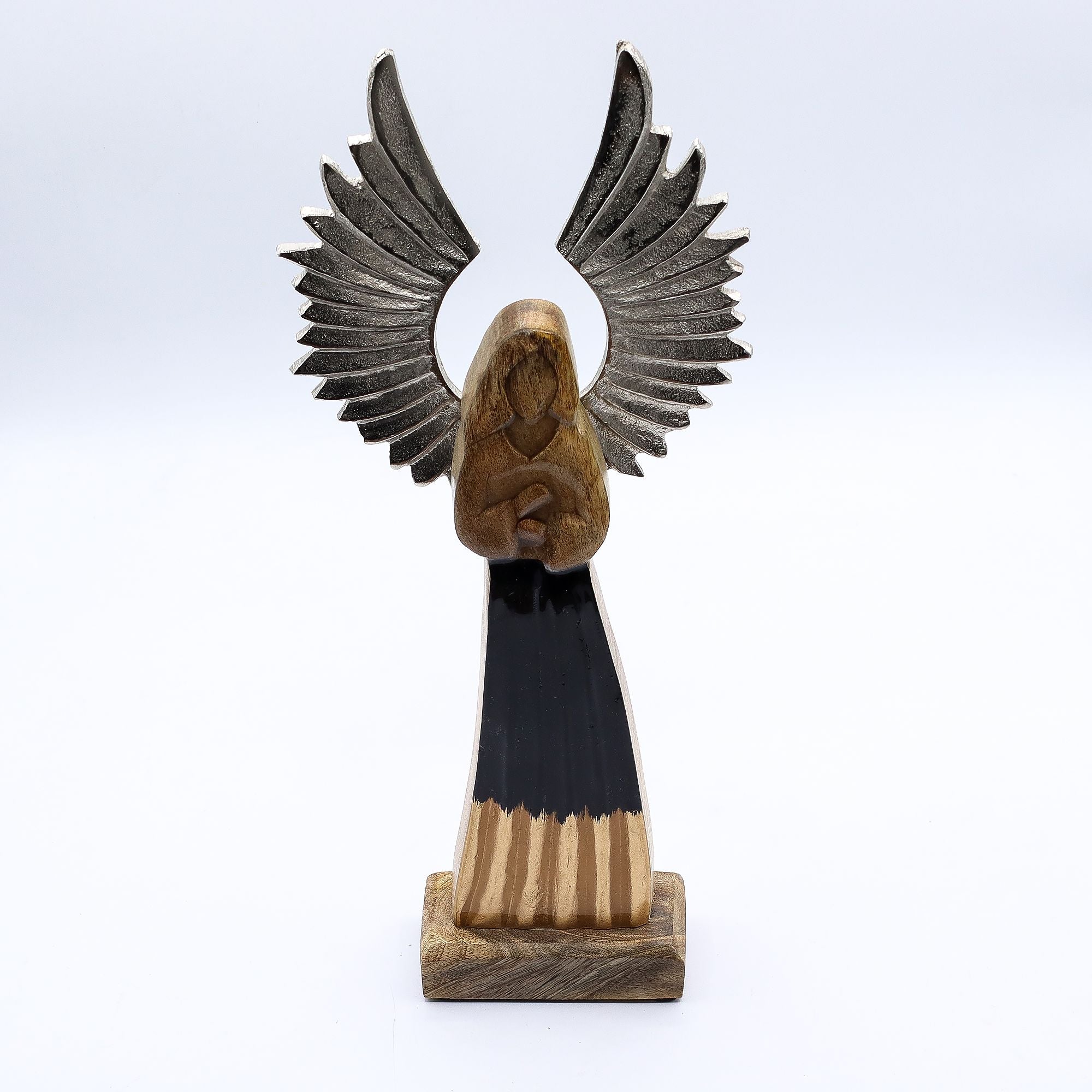 Ángel guardián de madera de mango grande, alas de metal y detalle esmaltado