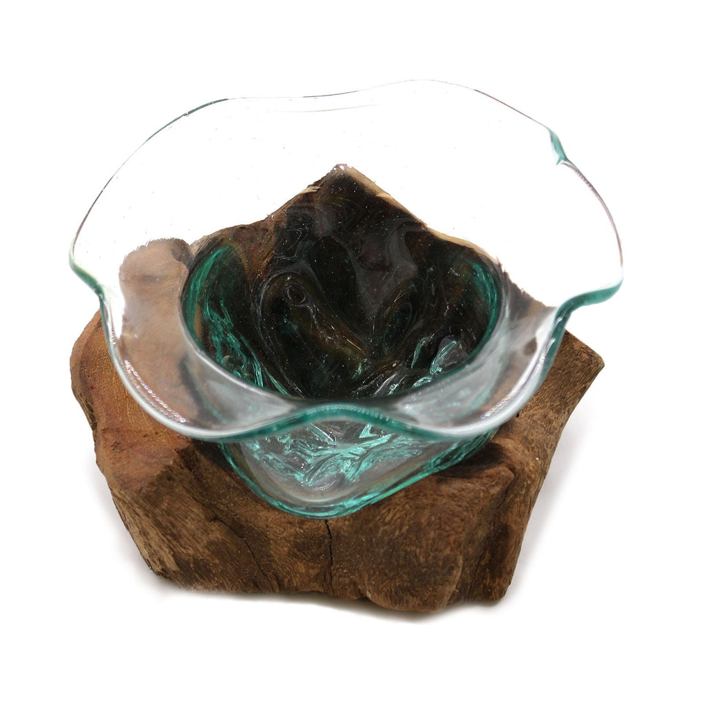 Cuenco de cristal fundido para dulces en madera