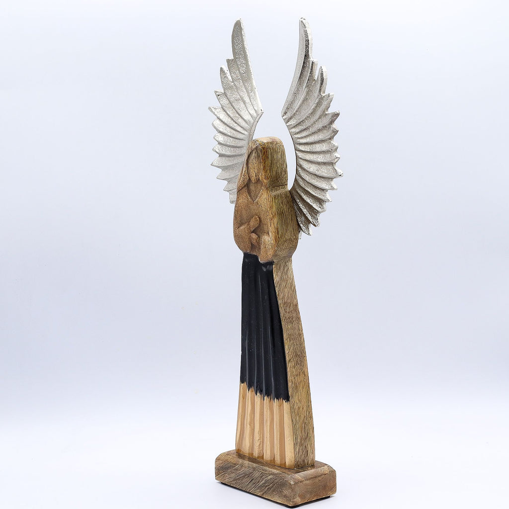 Ángel guardián de madera de mango grande, alas de metal y detalle esmaltado