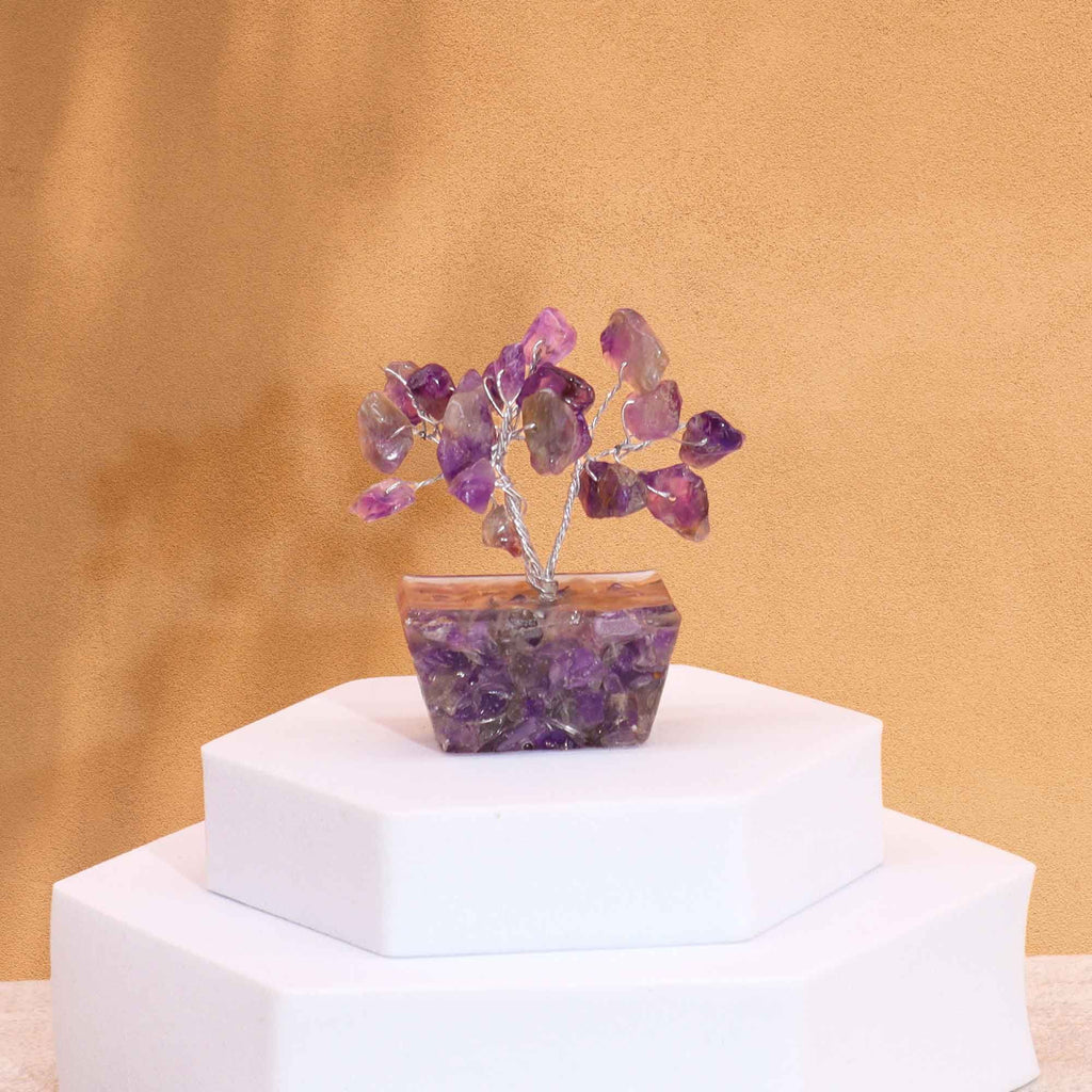 Mini árbol de piedras preciosas sobre base de orgonita - Amatista (15 piedras)