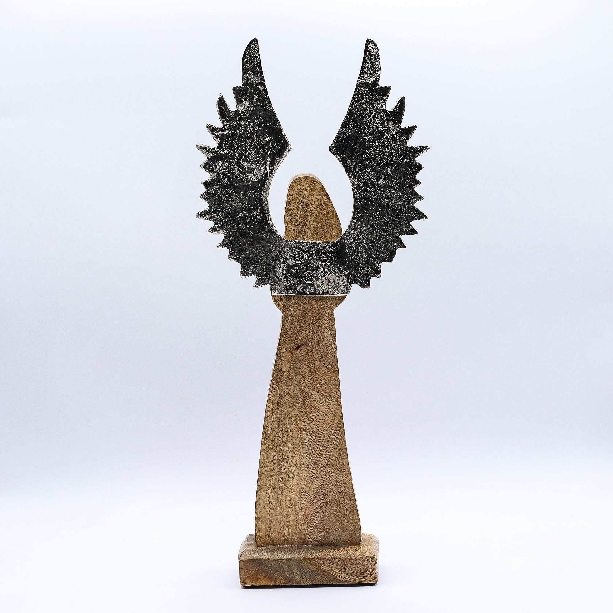 Ángel guardián de madera de mango grande, alas de metal y detalle esmaltado