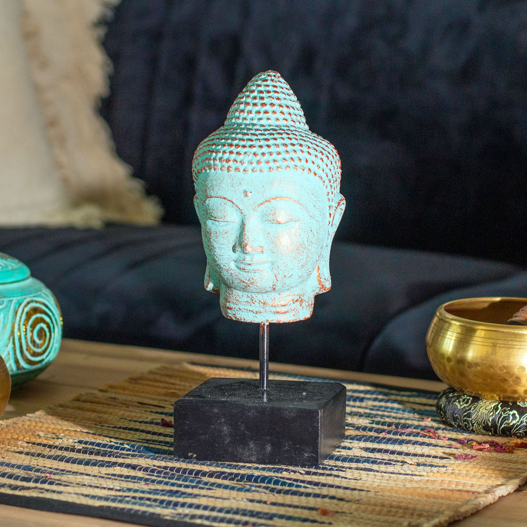 Cabeza de Buda en Reposo sobre Soporte - Cobre Verde
