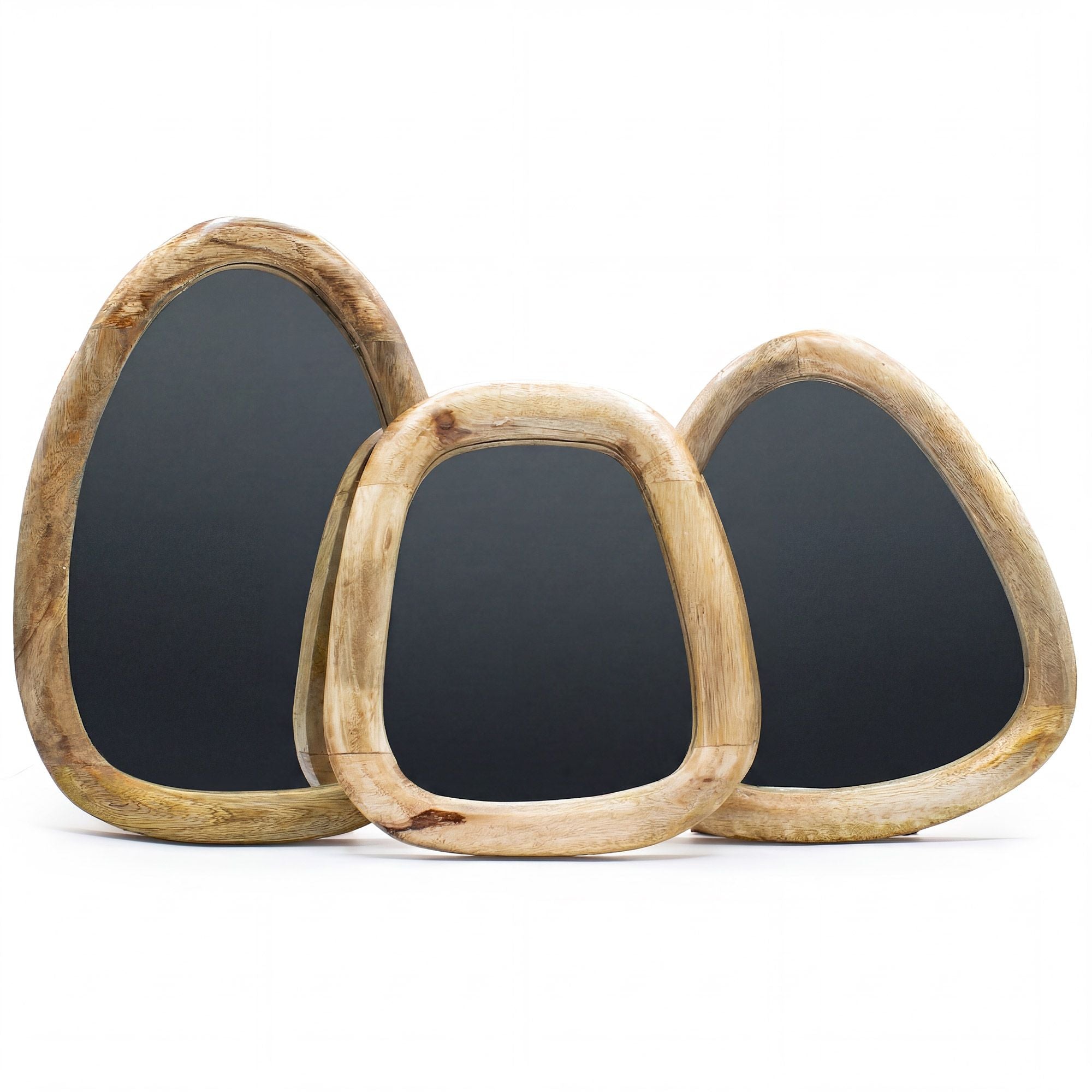 Conjunto de 3 espejos con forma de guijarro - acabado en madera clara