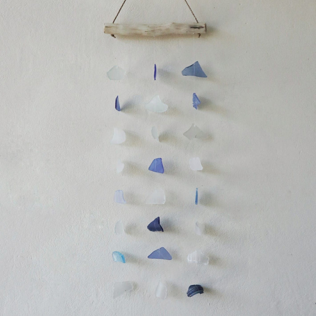 Carillón de vidrio reciclado - Tres cuerdas - Azul y blanco