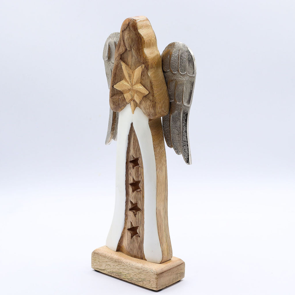 Gran estrella de madera de mango, alas de ángel metálicas y detalle esmaltado
