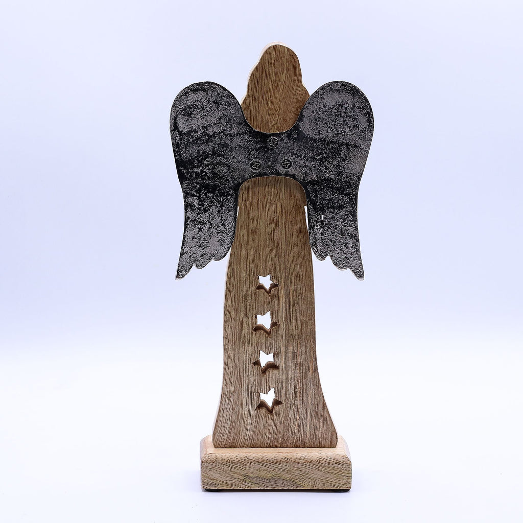Gran estrella de madera de mango, alas de ángel metálicas y detalle esmaltado