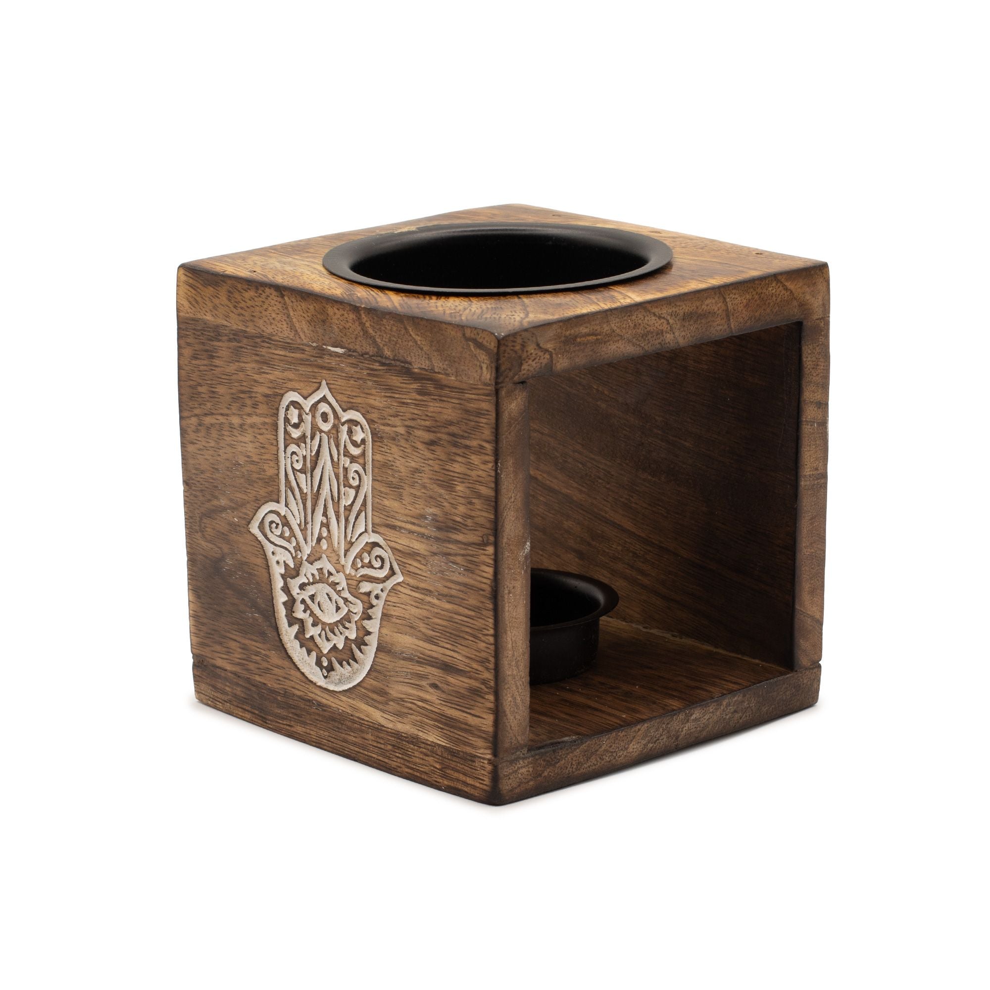 Quemador de aceite de madera de mango cuadrado - Hamsa